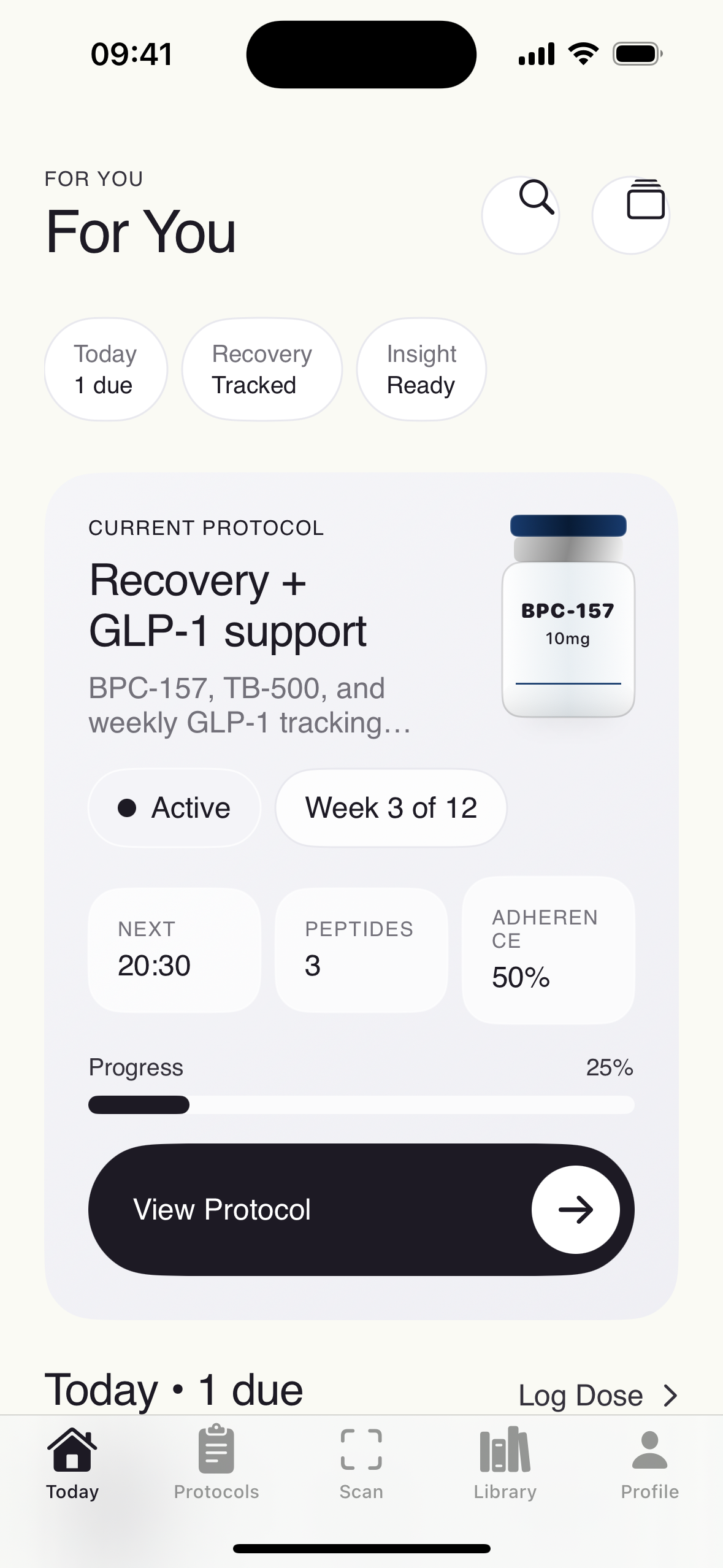 Vial AI app screens showing peptide scanning, calculator review, and protocol tracking