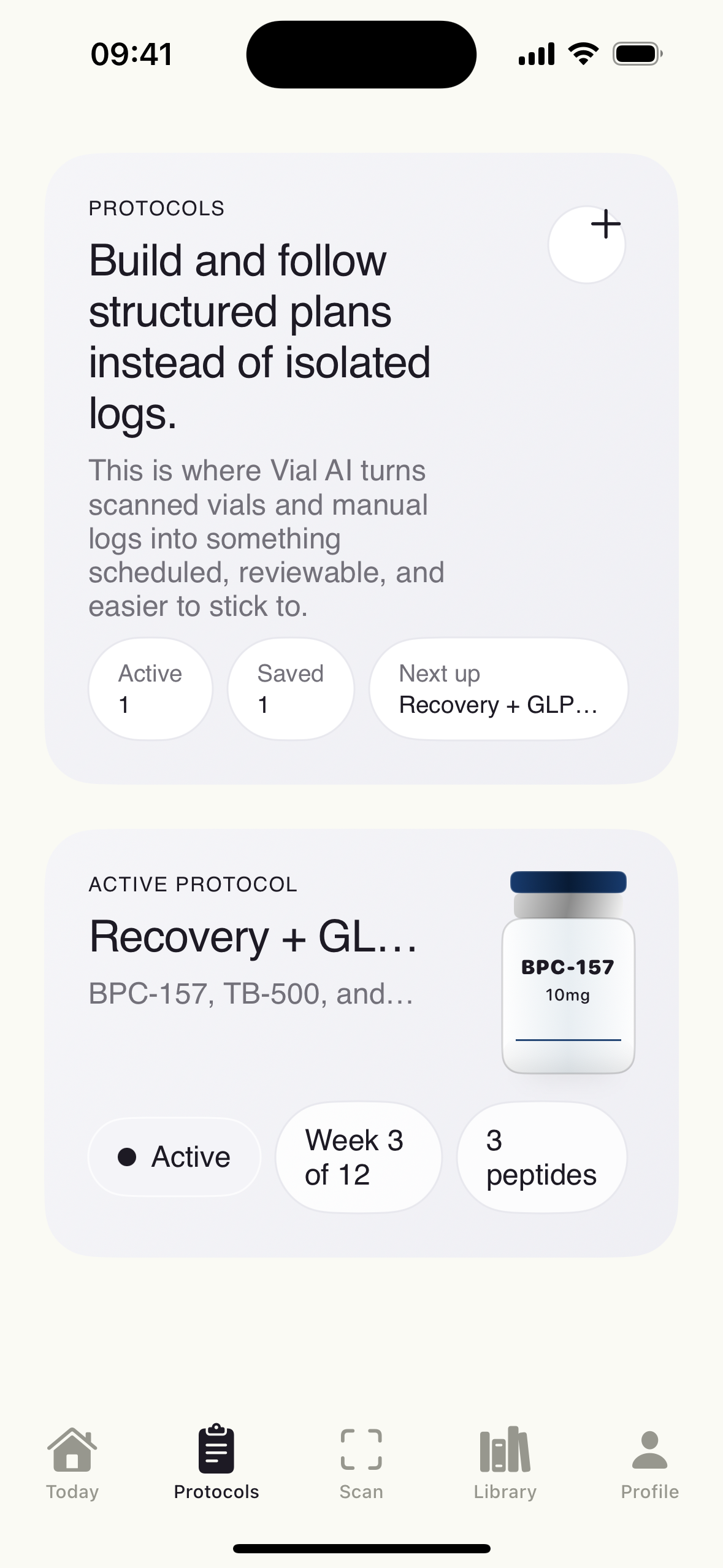 Vial AI protocol screen showing scheduled doses and progress